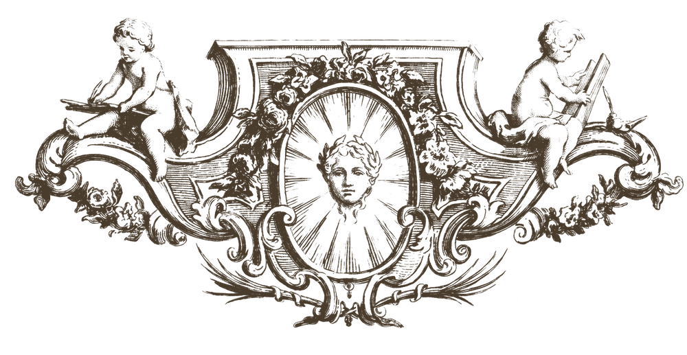 An engraved tailpiece: a putto seated at rest.